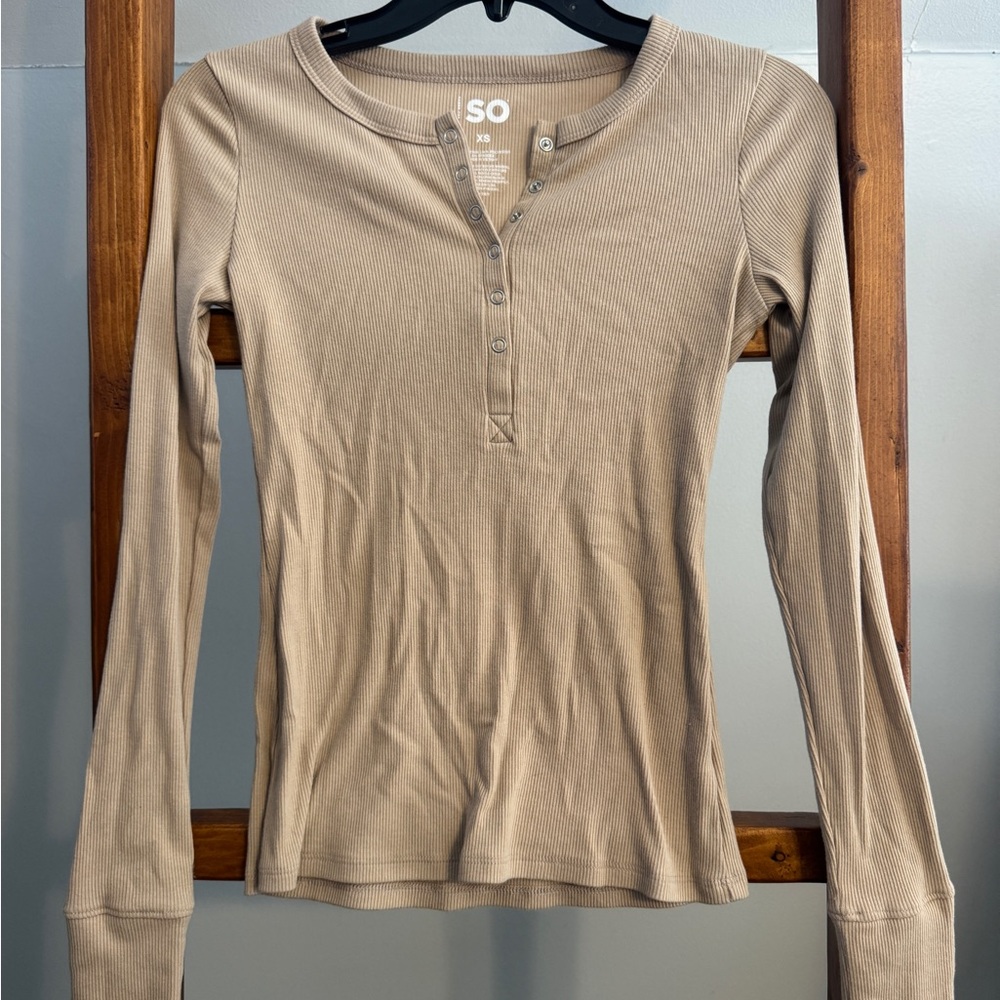 SO Women's Beige Long Sleeve Henley Top